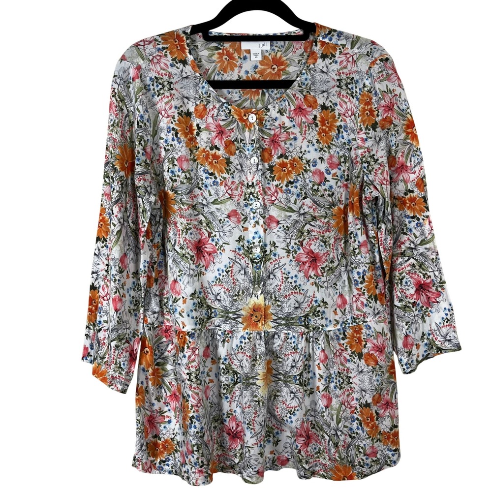 J.Jill Peplum Popover Blouse Button Front Tunic Orange Floral XS Bohemian